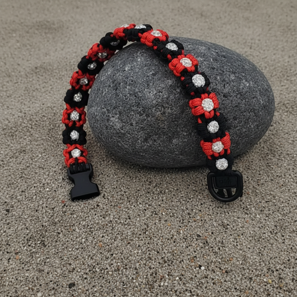 Red/Black Flower Paracord Collar with Rhinestone-Buckle