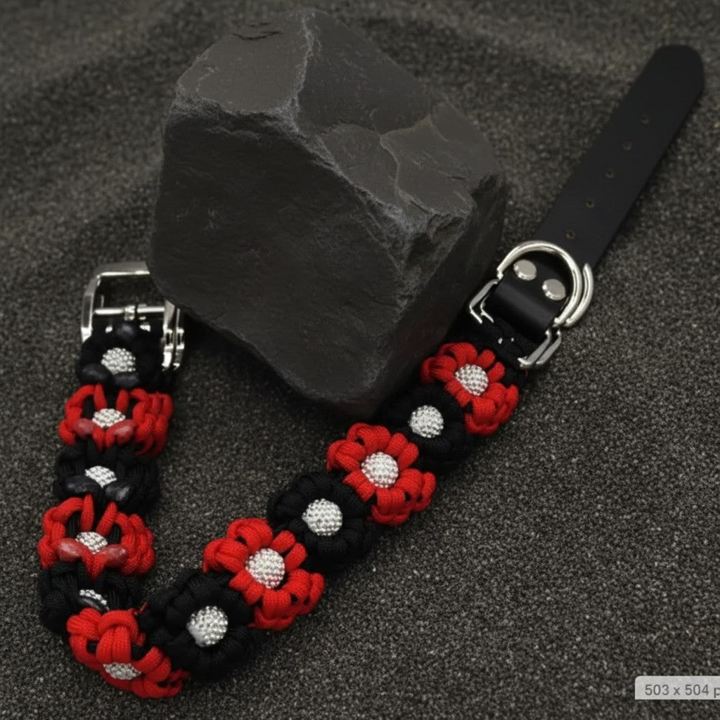 Red/Black Flower Paracord Collar with Rhinestone-Buckle