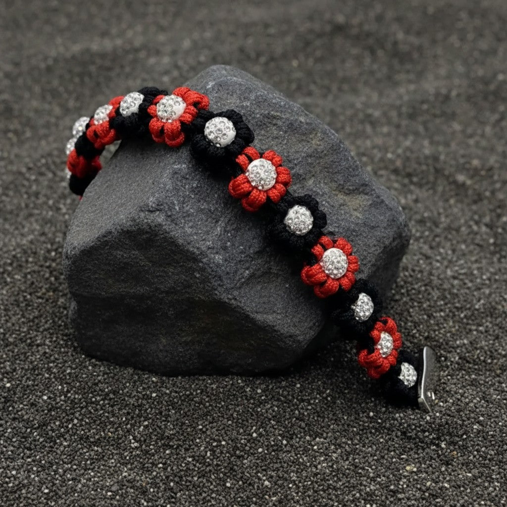 Red/Black Flower Paracord Collar with Rhinestone-Buckle