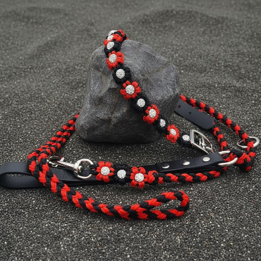 Red/Black Flower Paracord Collar with Rhinestone-Buckle