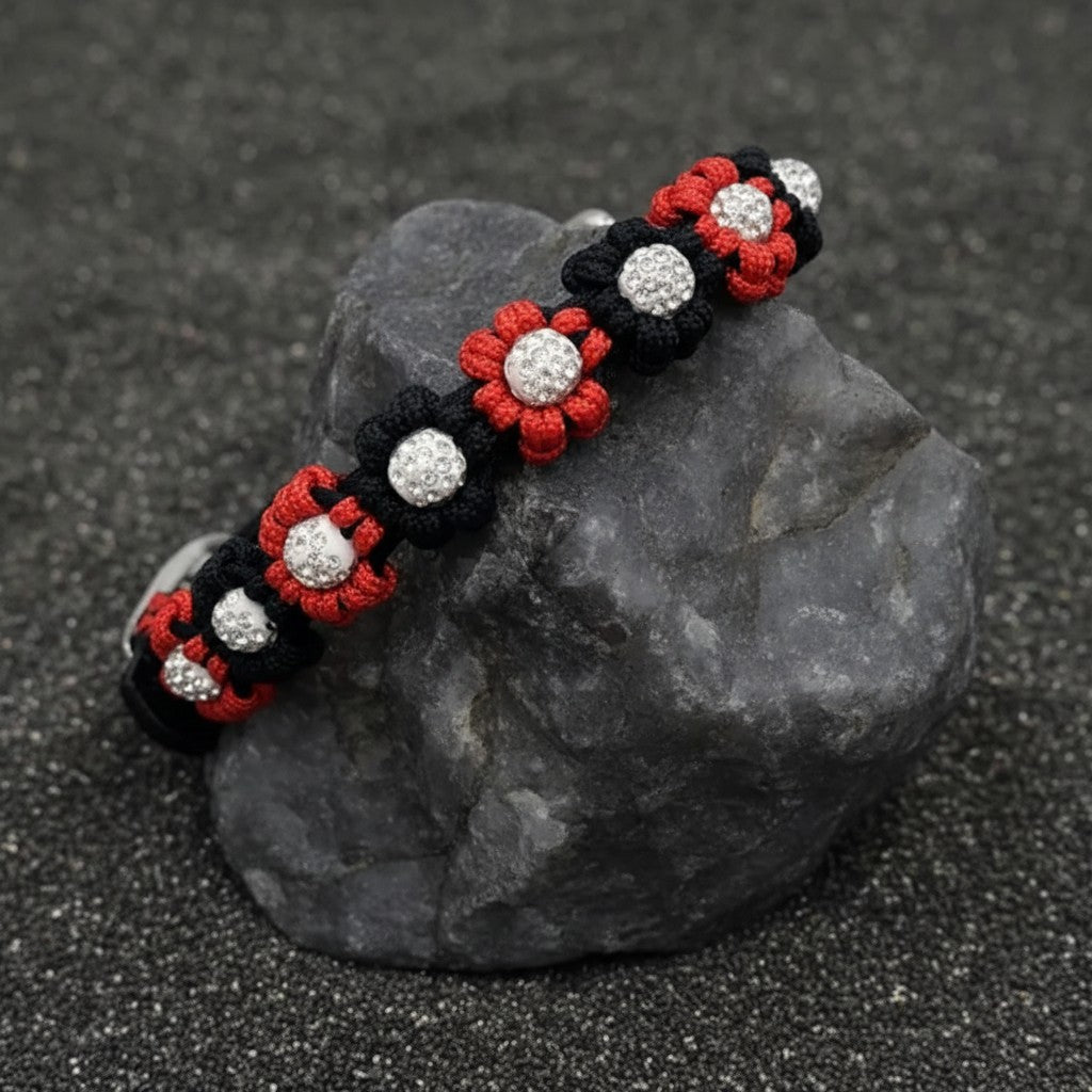 Red/Black Flower Paracord Collar with Rhinestone-Buckle