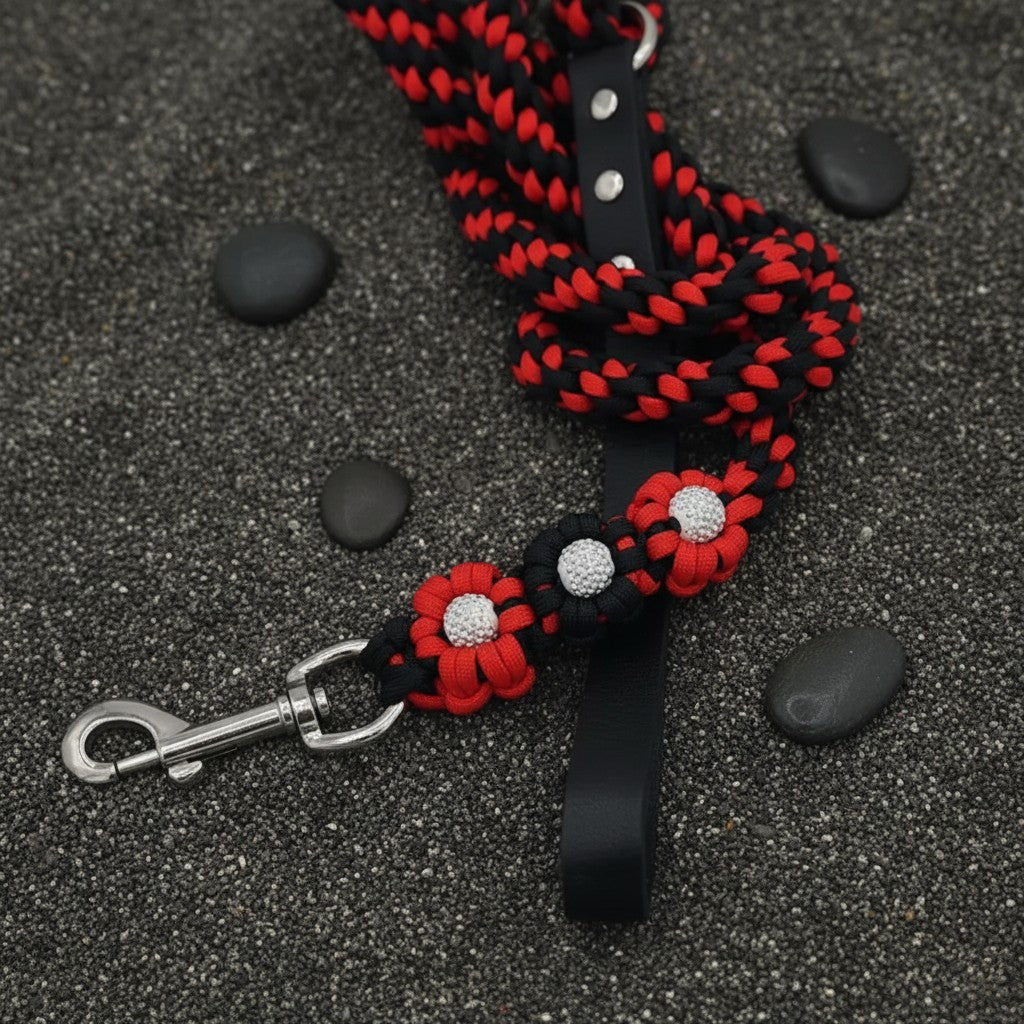 Red/Black Flower Paracord Collar with Rhinestone-Buckle