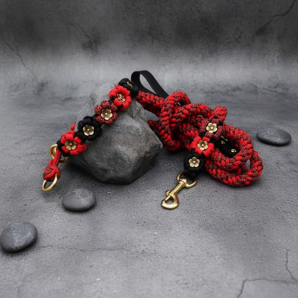 Red/Black Gold Petal Flower Paracord Collar-Martingale