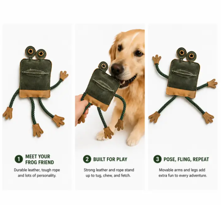 Suede Leather Frog with Rope Dog Toy