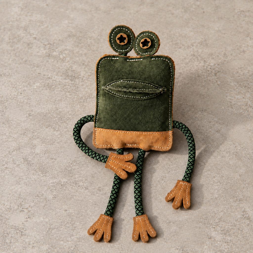 Suede Leather Frog with Rope Dog Toy