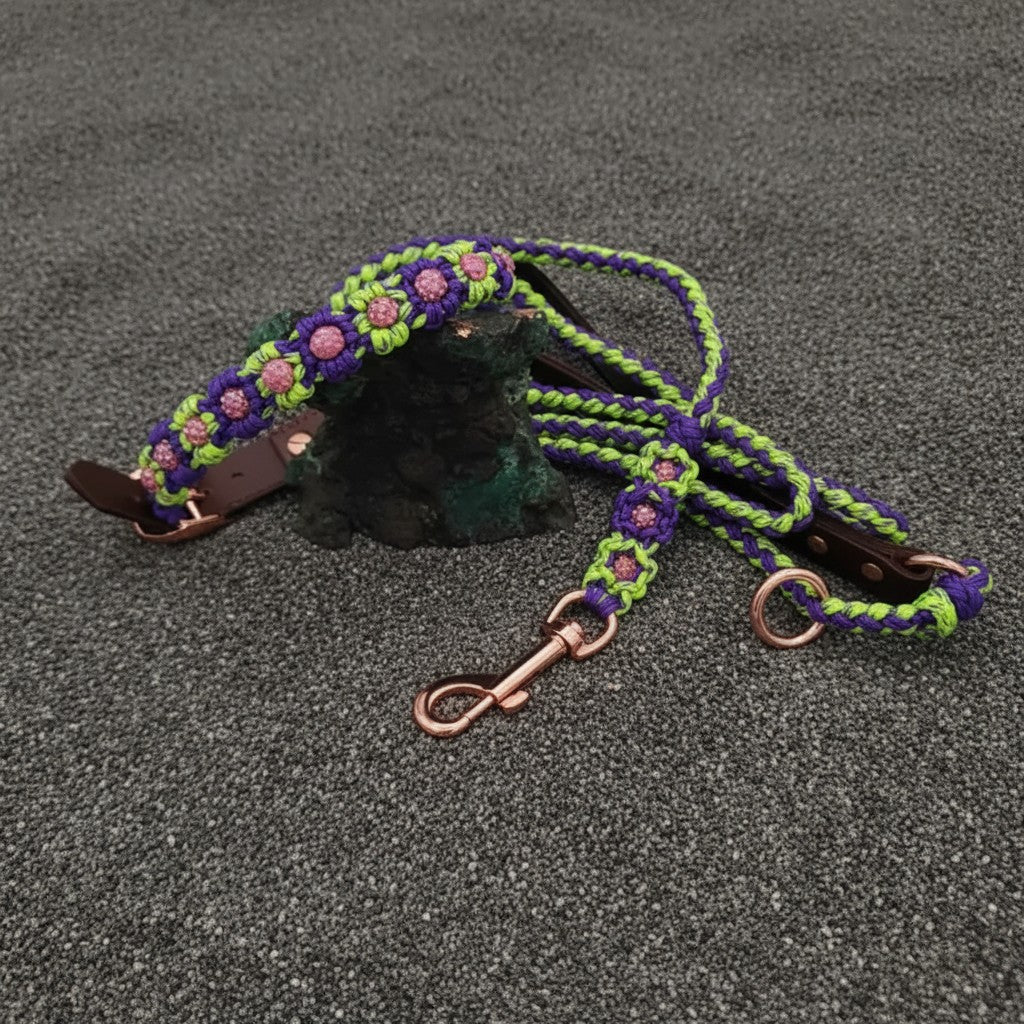 Purple/Green Paracord Leash with Rose Gold Rhinestone Bead Flowers