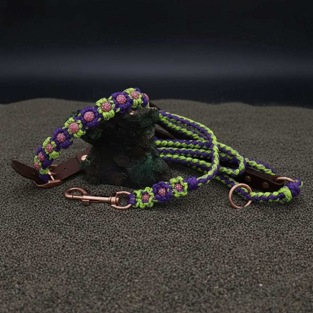 Purple/Green Paracord Leash with Rose Gold Rhinestone Bead Flowers