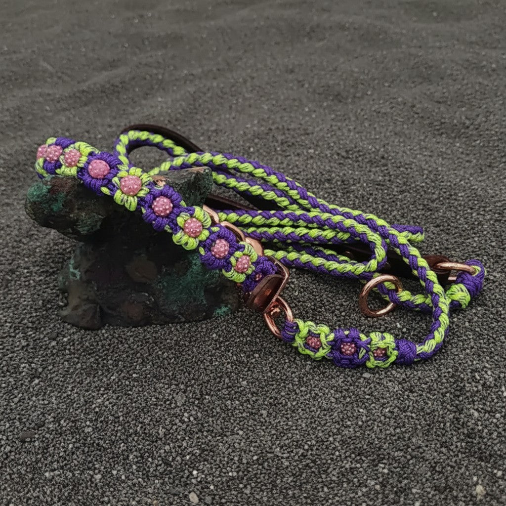 Purple/Green Paracord Leash with Rose Gold Rhinestone Bead Flowers