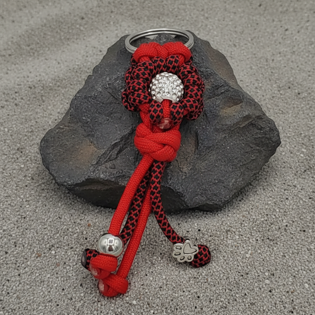 Red/Black Flower Paracord Keyring with Rhinestone