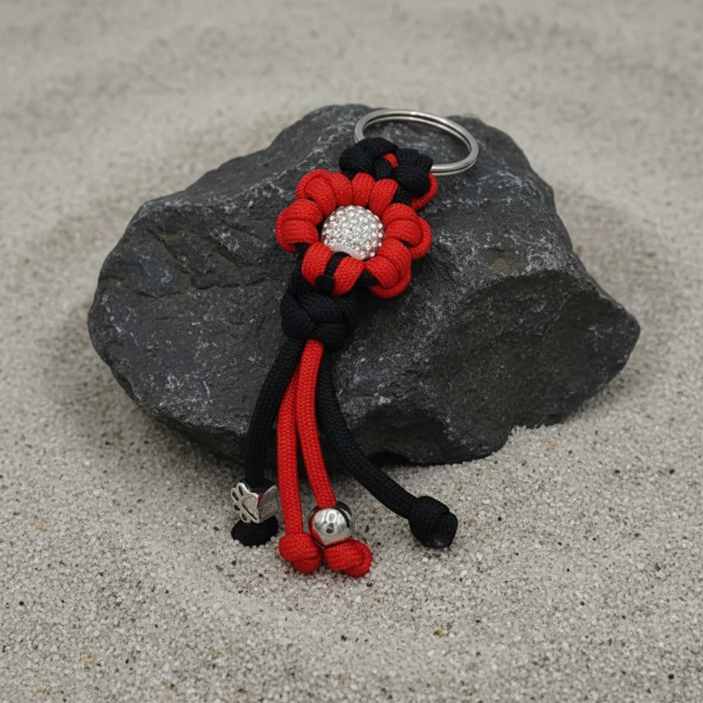 Red/Black Flower Paracord Keyring with Rhinestone