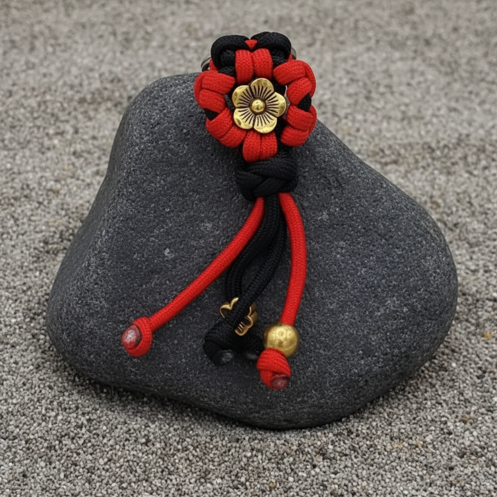 Red/Black Gold Petal  Flower Paracord Keyring