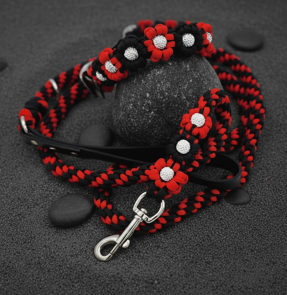 Red/Black Flower Paracord Leash with Rhinestones