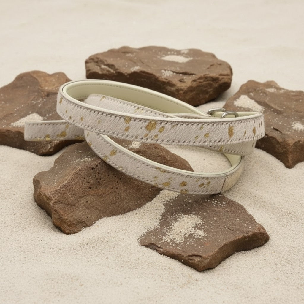 All Natural Cowhide Leash-White with Gold