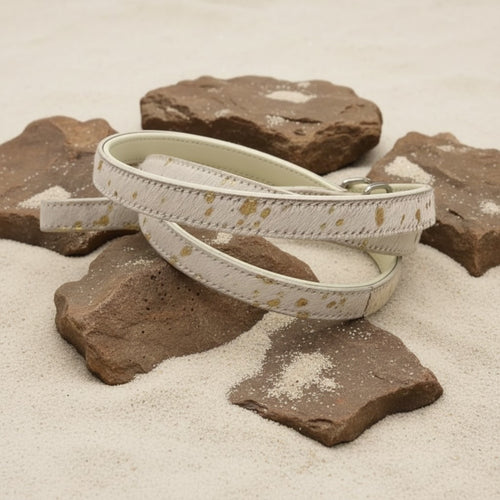 All Natural Cowhide Leash-White with Gold
