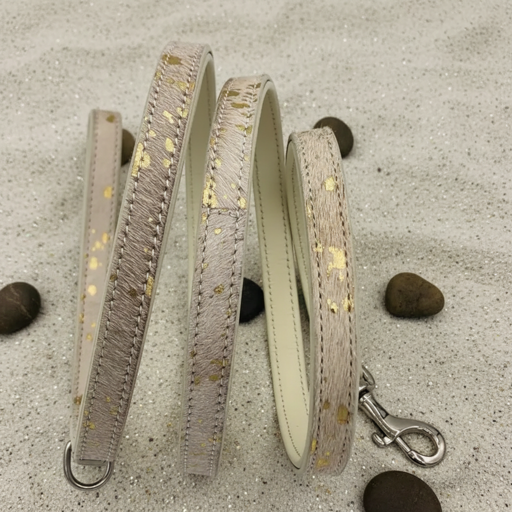 All Natural Cowhide Leash-White with Gold