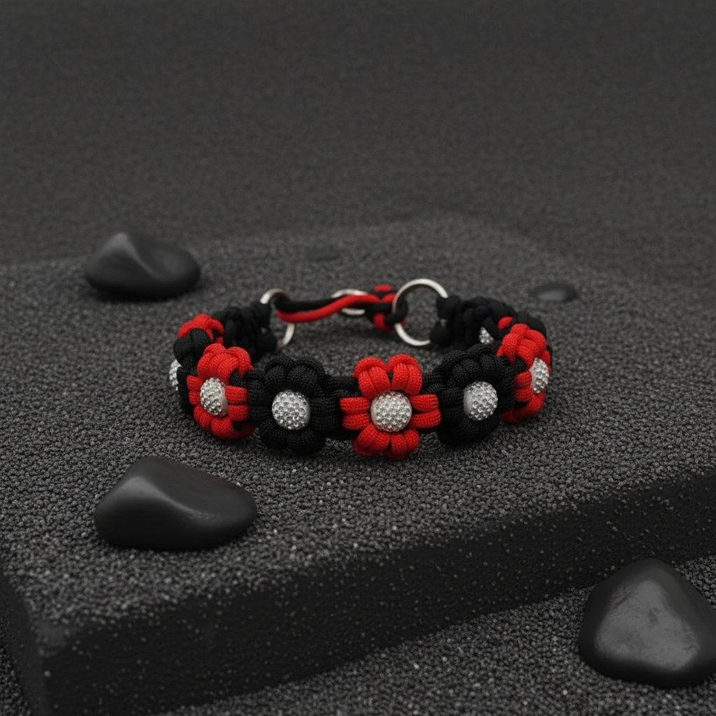 Red/Black Flower Paracord Collar with Rhinestone-Martingale