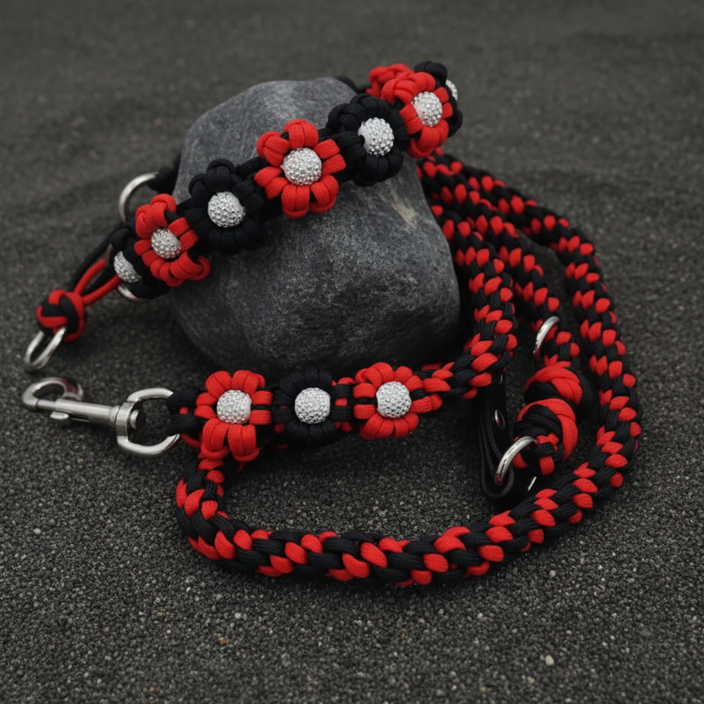 Red/Black Flower Paracord Collar with Rhinestone-Martingale