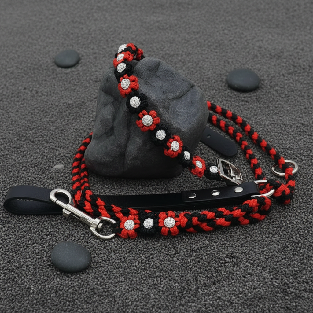 Red/Black Flower Paracord Leash with Rhinestones