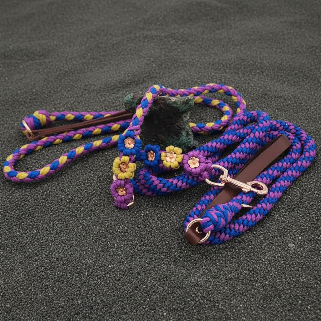 Purple/Blue/Yellow w/Gold Flower Paracord Leash