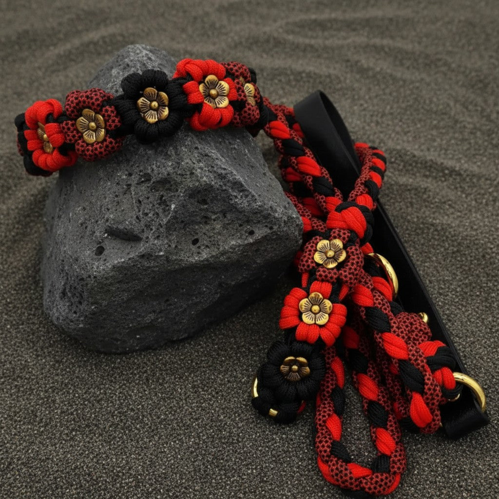 Red/Black Gold Petal Flower Paracord Collar-Buckle
