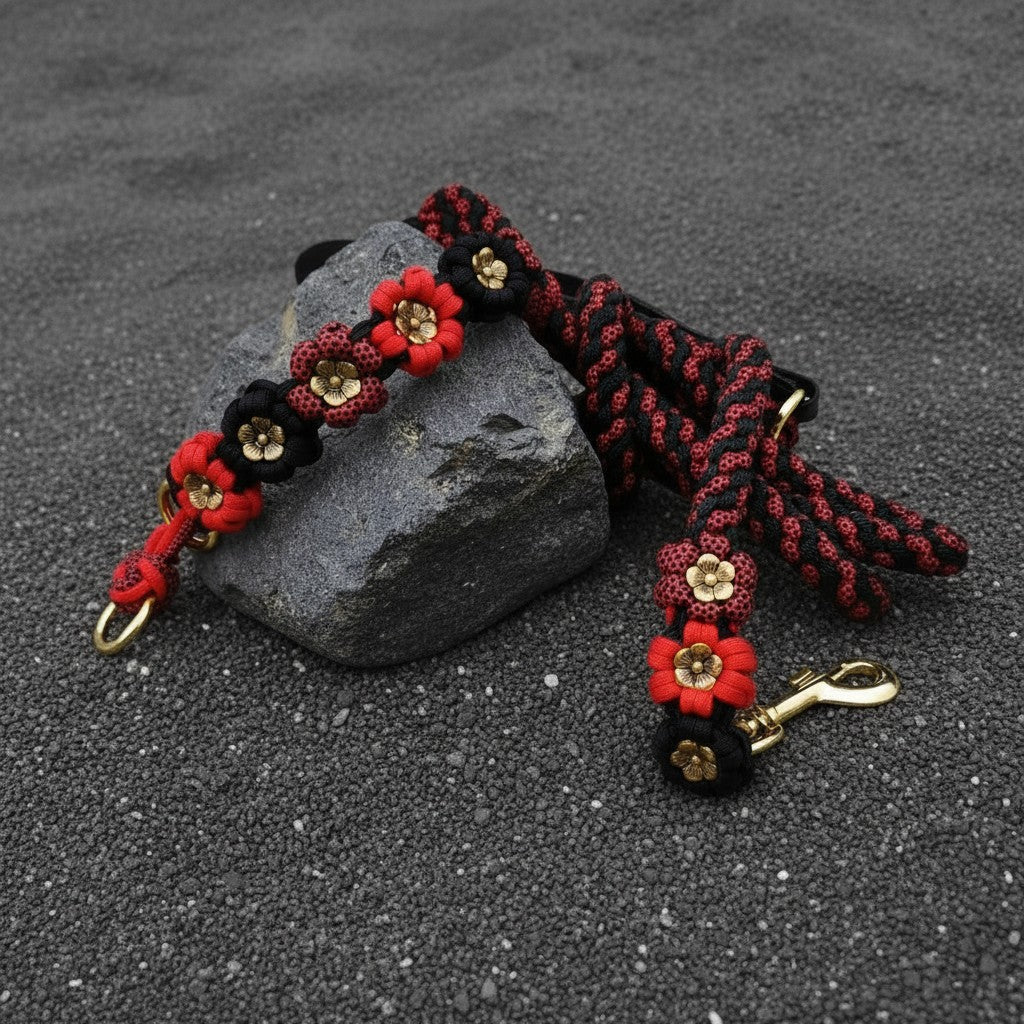 Red/Black Gold Petal Flower Paracord Collar-Martingale