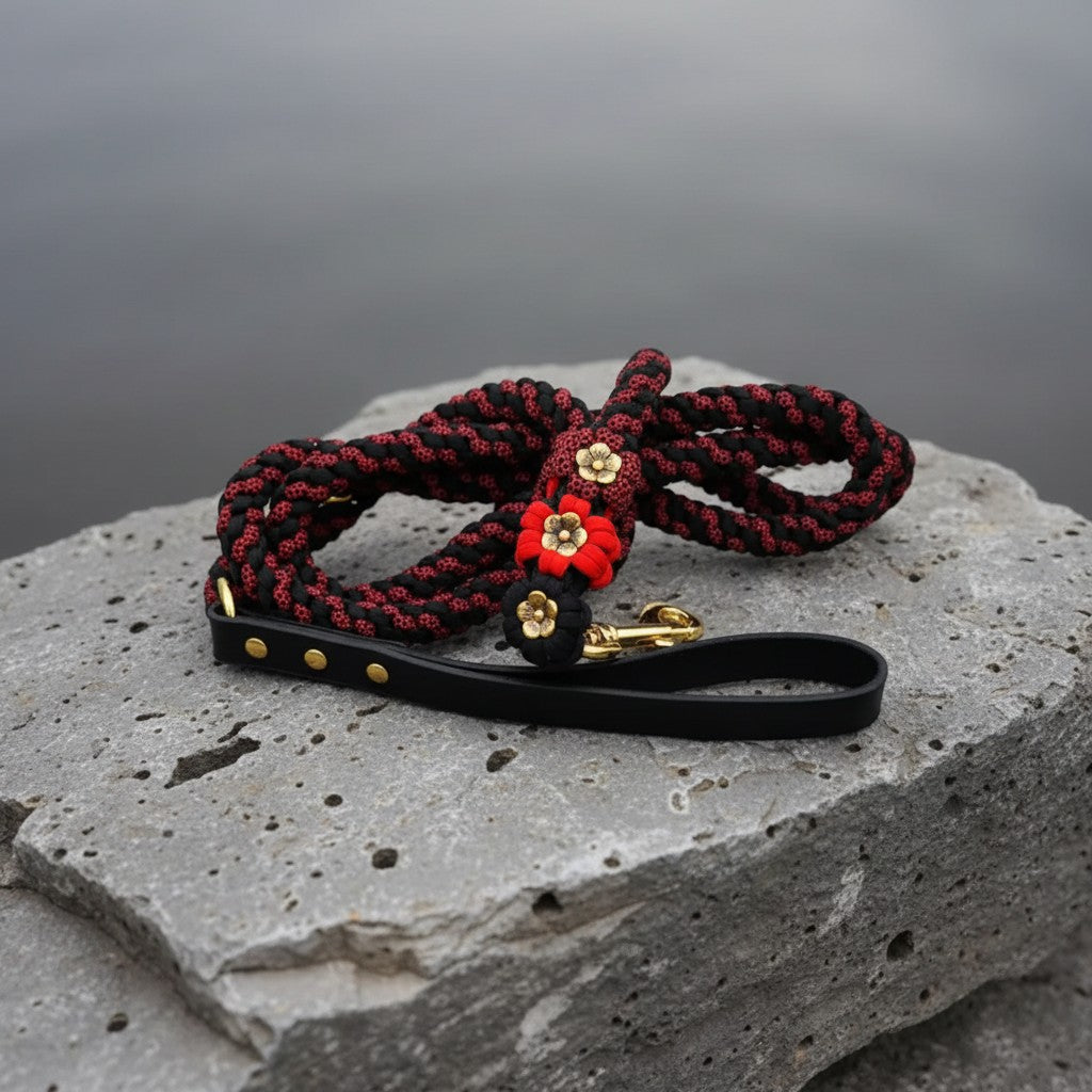 Red/Black Gold Petal Flower Paracord Leash
