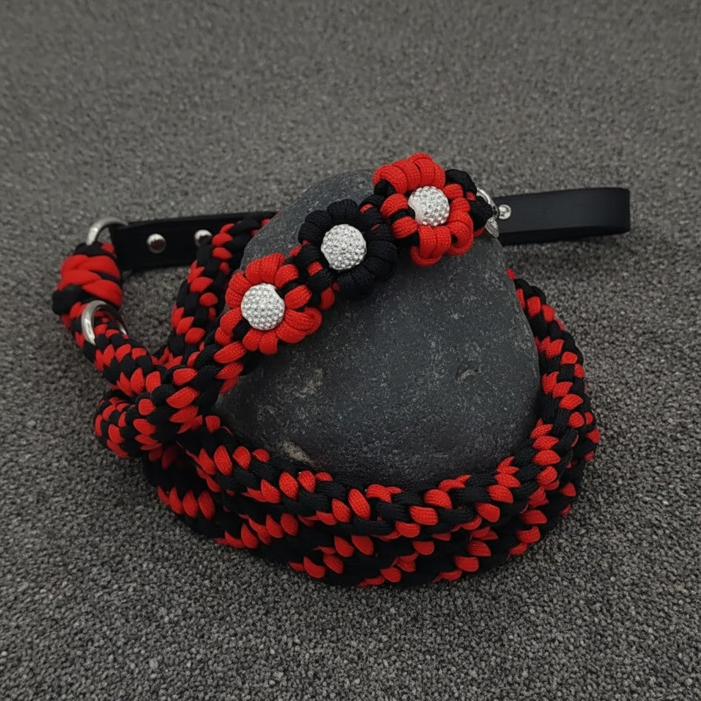 Red/Black Flower Paracord Leash with Rhinestones