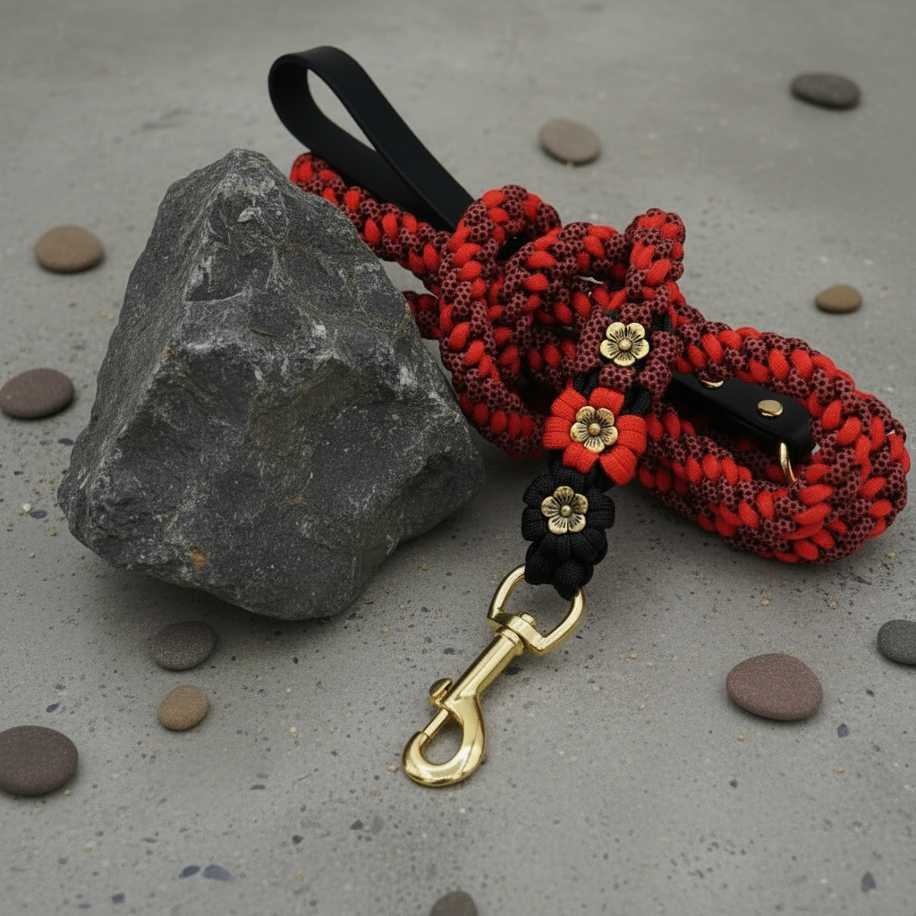 Red/Black Gold Petal Flower Paracord Leash