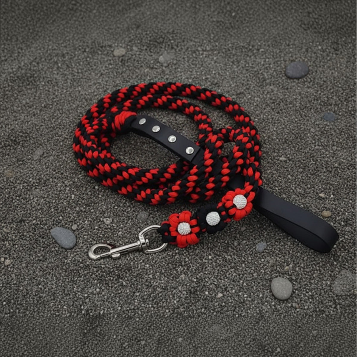 Red/Black Flower Paracord Leash with Rhinestones