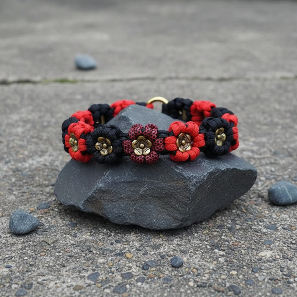 Red/Black Gold Petal Flower Paracord Collar-Martingale