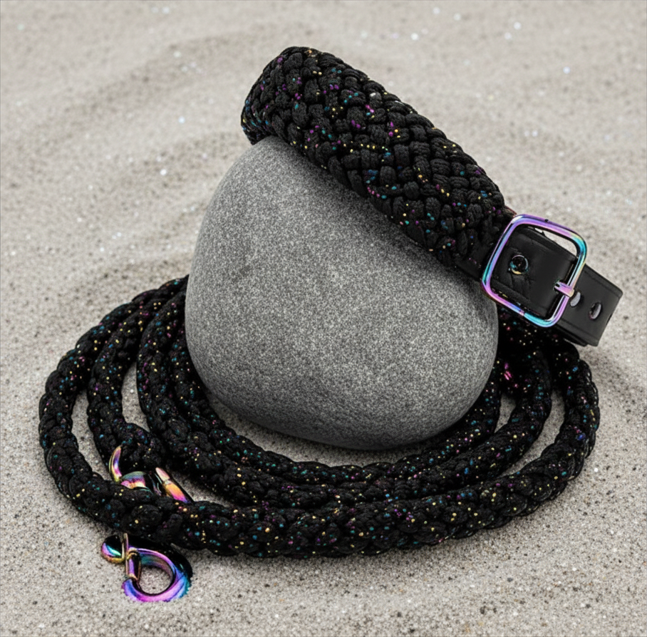 Black Flat Weave Paracord Collar/Leash Set w/Shimmer Thread