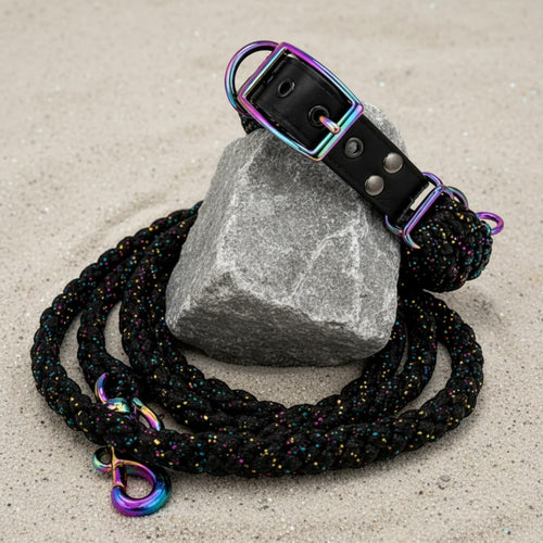 Black Flat Weave Paracord Collar/Leash Set w/Shimmer Thread