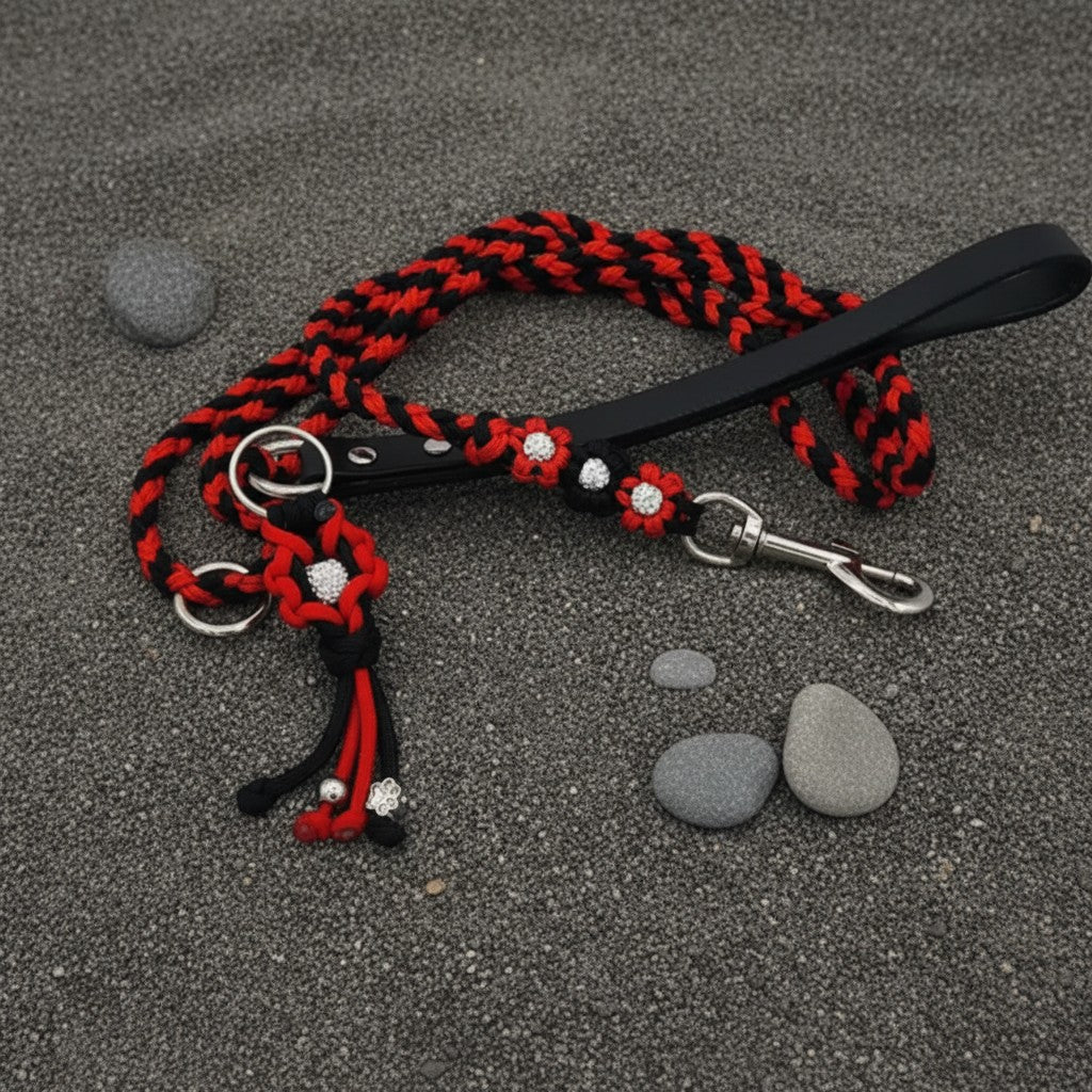 Red/Black Flower Paracord Leash with Rhinestones