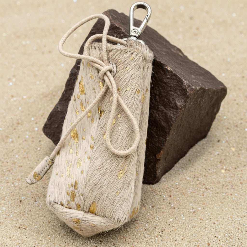 All Natural Cowhide Poop Bag-White with Gold