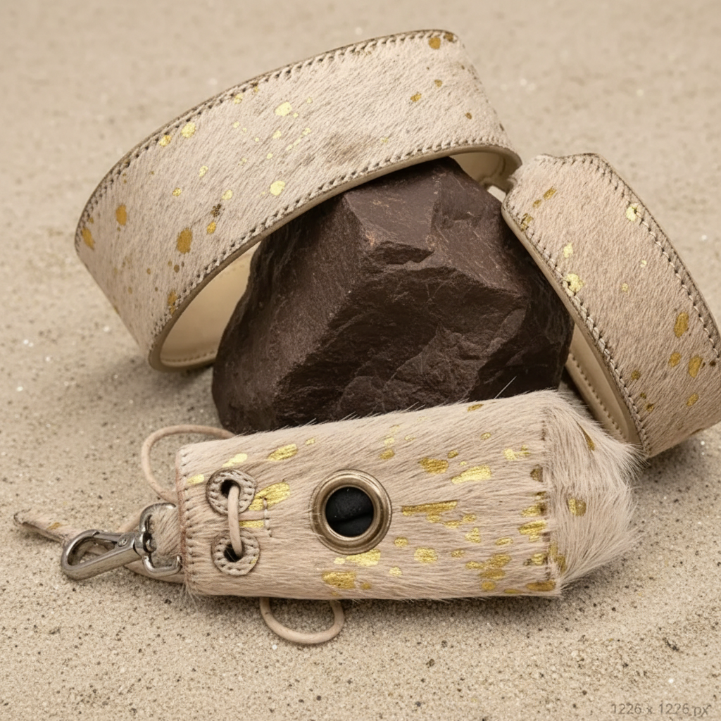 All Natural Cowhide Poop Bag-White with Gold